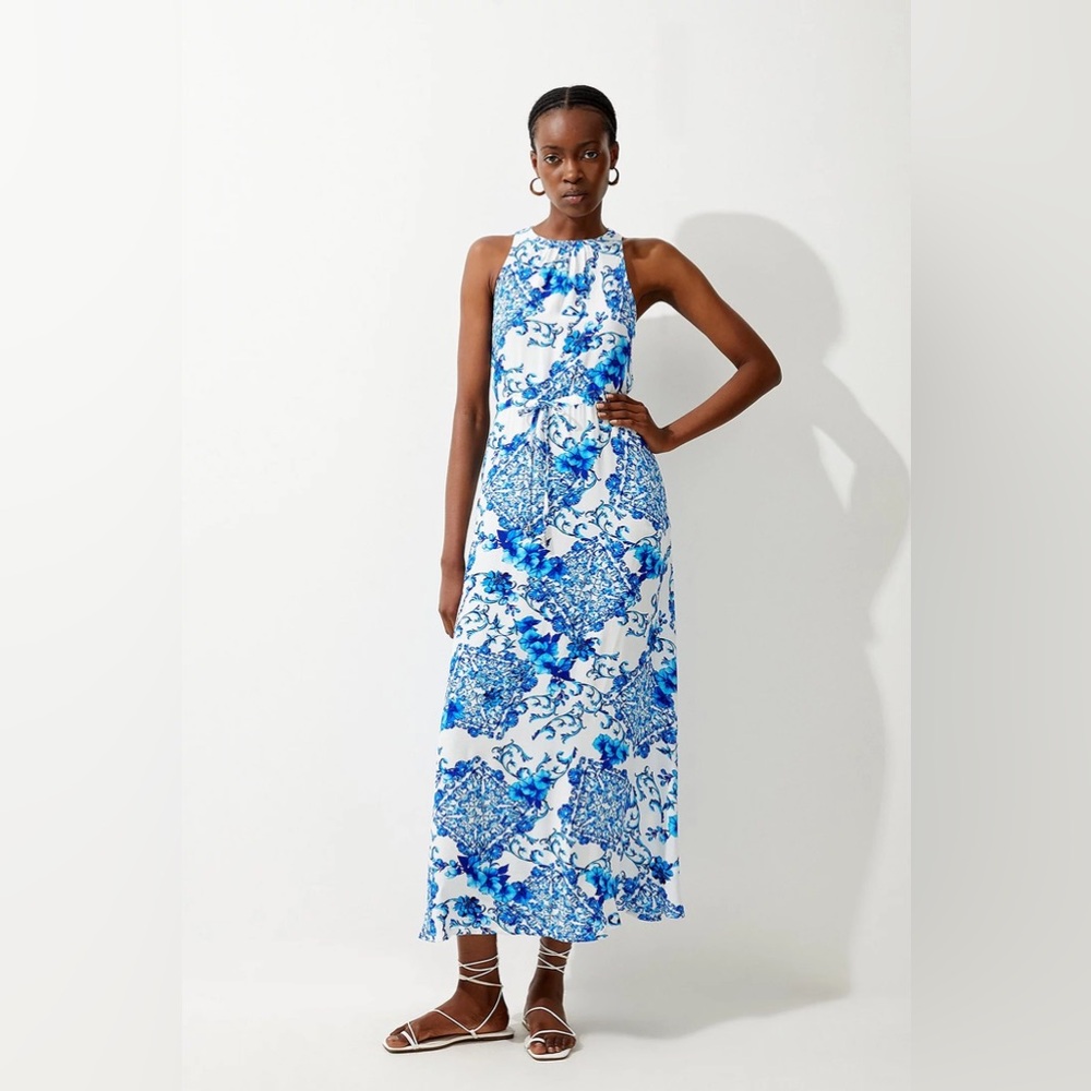 Karen Millen Dress Tall Baroque Tile Tie Waist Drama Woven Maxi Size UK 8